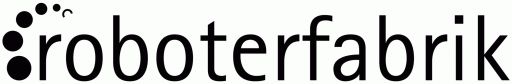 Logo "roboterfabrik" in schwarzer Schrift auf hellem Hintergrund, links drei schwarze Punkte in Kreisanordnung.