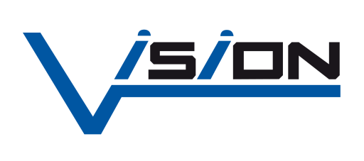 Logo mit blauem V und schwarzem Schriftzug „ISION", kombiniert mit einer blauen Linie. Gesamttext: „VISION".