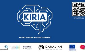 „KIRIA-Logo mit Gehirn-Schaltkreis-Grafik, Text: KI und Robotik im Arbeitsumfeld, Partnerlogos, QR-Code."