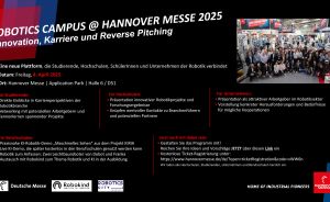 Werbebanner „Robotics Campus @ Hannover Messe 2025" mit Programminfos, Logos und Gruppenfoto auf dunklem Hintergrund.