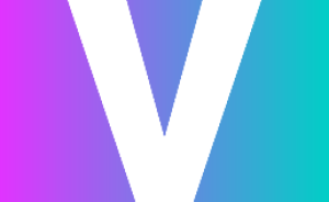 Weißer Großbuchstabe „V" auf quadratischem Hintergrund mit Farbverlauf von Pink/Lila zu Türkis.