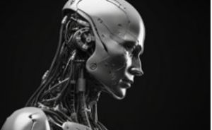 „Seitenprofil eines humanoiden Roboters mit sichtbaren Kabeln und mechanischen Details, schwarz-weiß Fotografie."