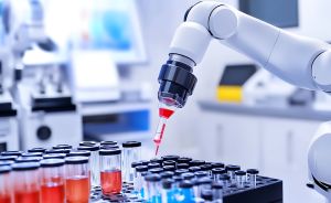 Weißer Roboterarm pipettiert rote Flüssigkeit in Reagenzgläser auf einem Laborgestell.