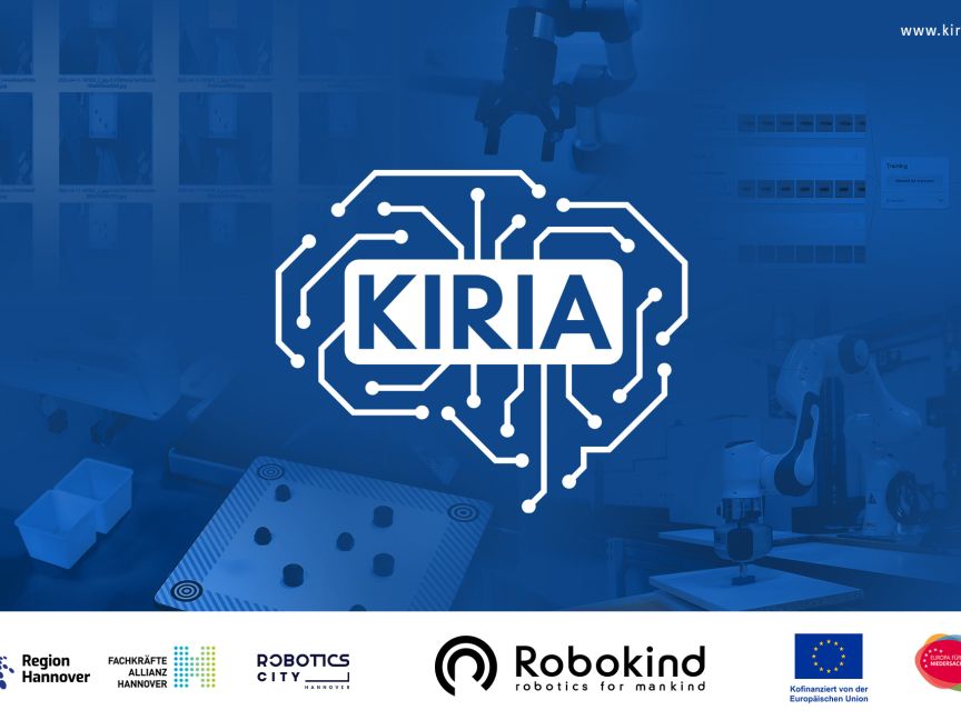 „KIRIA-Logo als Gehirn mit Schaltkreisen auf blauem Hintergrund; Logos von Region Hannover, Robokind und EU unten."