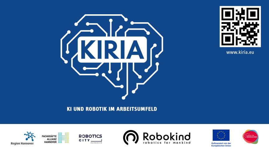 KIRIA-Logo mit Gehirn-Schaltkreis-Grafik, Text: KI und Robotik im Arbeitsumfeld, Partnerlogos, QR-Code.
