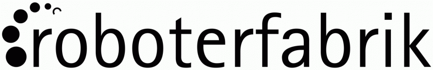 Logo "roboterfabrik" in schwarzer Schrift auf hellem Hintergrund, links drei schwarze Punkte in Kreisanordnung.