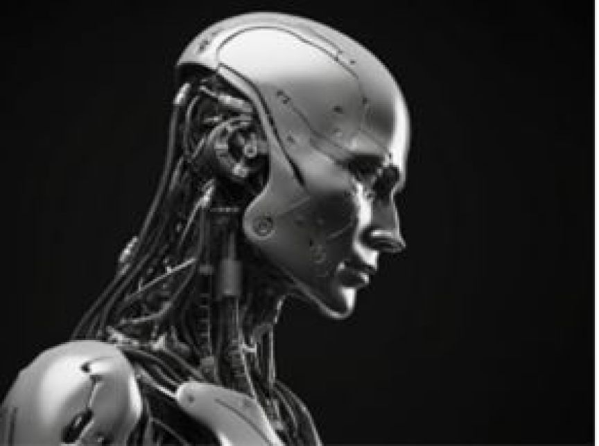 Seitenprofil eines humanoiden Roboters mit sichtbaren Kabeln und mechanischen Details, schwarz-weiß Fotografie.