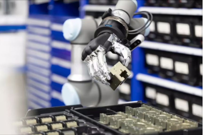 Roboterarm mit mechanischer Greifhand hält ein kleines Bauteil über einer Ablage mit sortierten Komponenten.