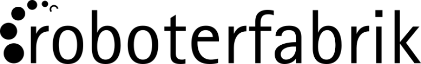 Logo "roboterfabrik" in schwarzer Schrift auf hellem Hintergrund, links drei schwarze Punkte in Kreisanordnung.
