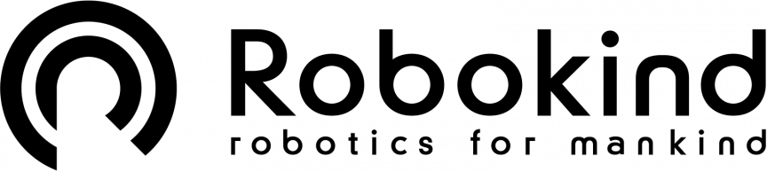 Logo "Robokind – robotics for mankind" mit stilisiertem kreisförmigem Symbol links, das an einen Sendemast erinnert.