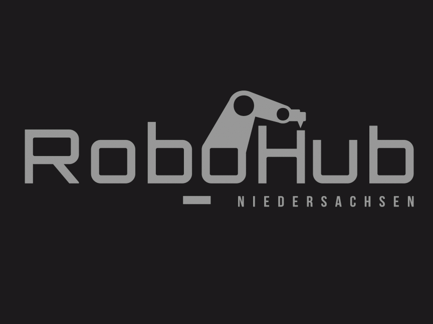 Logo „RoboHub Niedersachsen" in Grau auf schwarzem Hintergrund mit einem Roboterarm als grafischem Element.